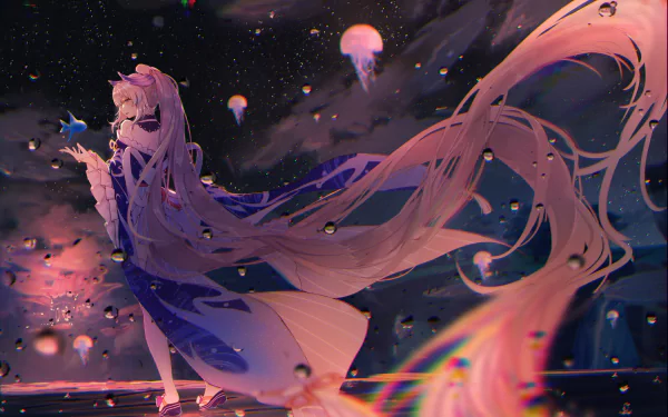 HD PC wallpaper of Sangonomiya Kokomi from Genshin Impact, featuring her long flowing hair against a dark, mystical underwater backdrop with glowing jellyfish.