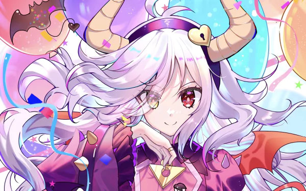 HD PC wallpaper featuring Colette from Brawl Stars with heterochromia and horns, surrounded by vibrant, colorful elements from the video game.