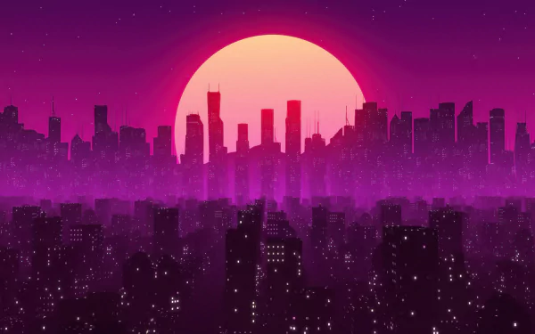 HD desktop wallpaper and background featuring a vibrant vaporwave cityscape with a large pink sun setting behind purple silhouetted skyscrapers.
