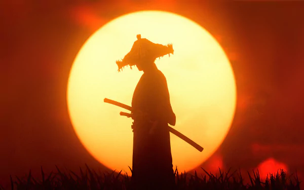 Silhouetted samurai warrior stands against a large glowing sun, inspired by Ghost of Tsushima, presented as a 4K Ultra HD PC desktop wallpaper.