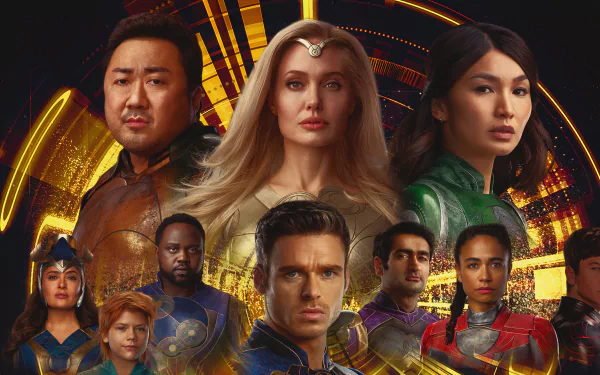 4K Ultra HD PC desktop wallpaper featuring the main characters from the movie Eternals against a vibrant, glowing background.
