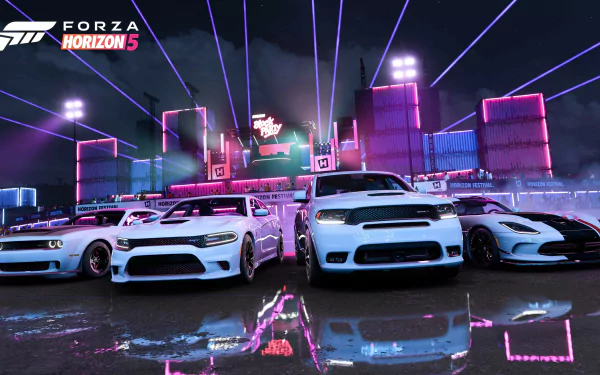4K Ultra HD Forza Horizon 5 PC wallpaper: lineup of white Dodge Durango SRT, Viper, Charger SRT and Challenger SRT in a neon-lit city with reflective wet pavement.
