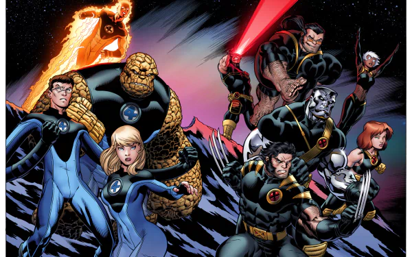 Ben Grimm Susan Storm Johnny Storm Reed Richards Human Torch (Marvel Comics) Thing (Marvel Comics) Mister Fantastic Invisible Woman Cyclops (Marvel Comics) Beast (Marvel Comics) Storm (Marvel Comics) Colossus Jean Grey Wolverine Comic Ultimate X-Men / Fantastic Four HD Desktop Wallpaper | Background Image