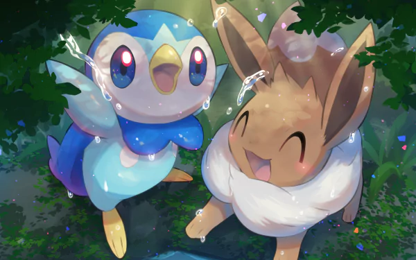 HD desktop wallpaper featuring Eevee and Piplup, two Pokémon, joyfully playing in a forest clearing with sunlight streaming through the trees.