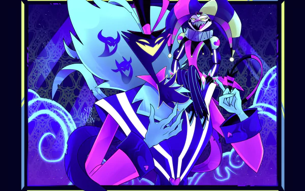 HD PC wallpaper featuring Fizzarolli and Asmodeus from the TV show Helluva Boss in vibrant purple and blue tones.