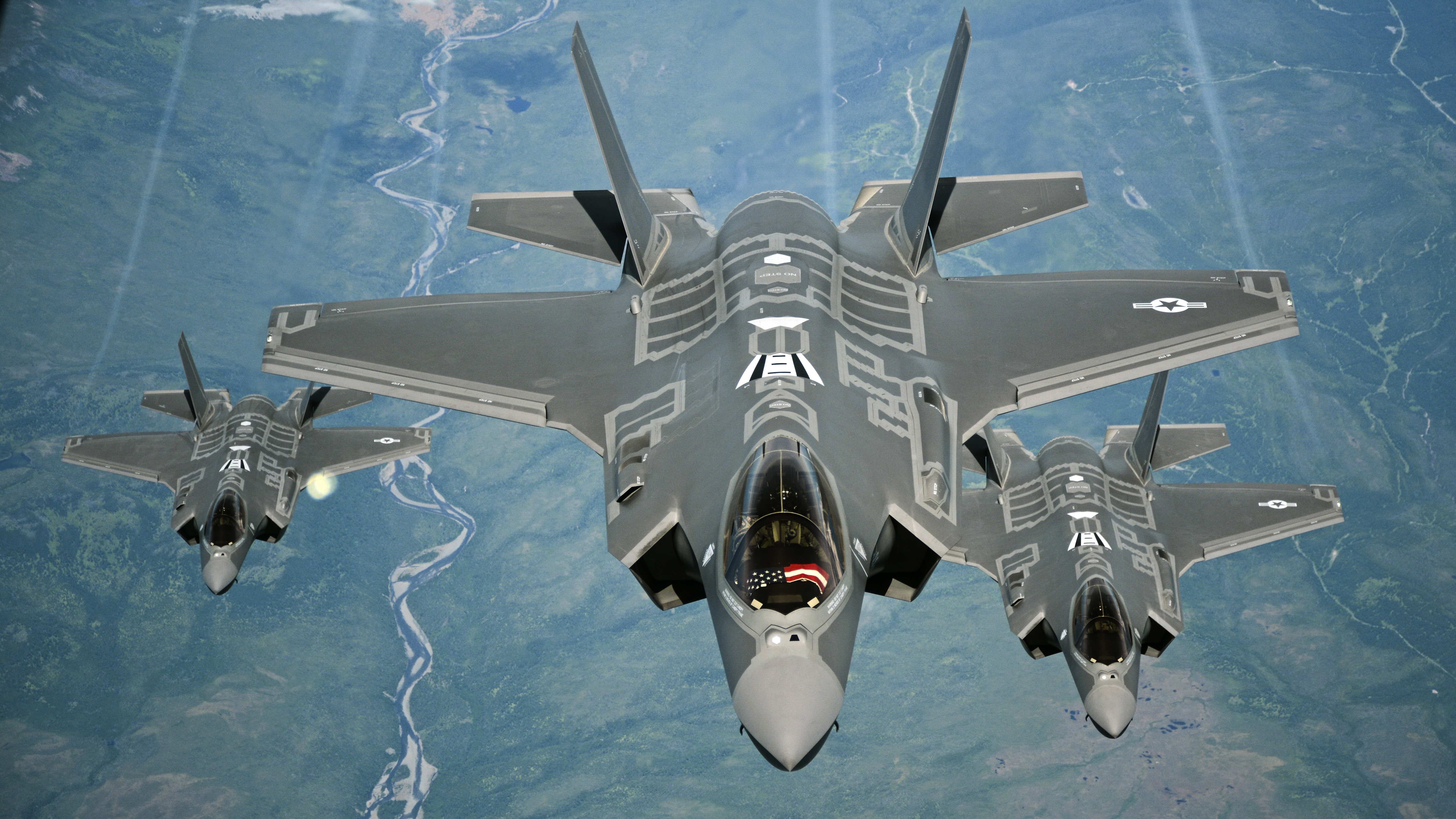 F-35A Lightning II aircraft receive fuel from a KC-10 Extender from Travis Air Force Base, Calif. by US Air Force
