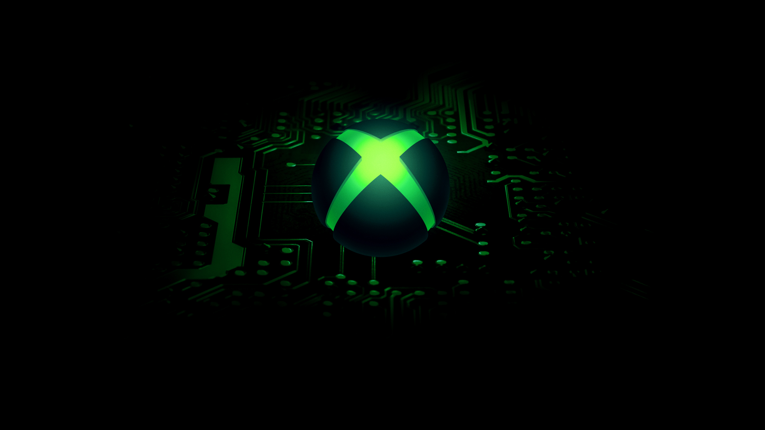 HD Xbox-themed desktop wallpaper featuring a glowing green Xbox logo on a dark, circuit-inspired background.