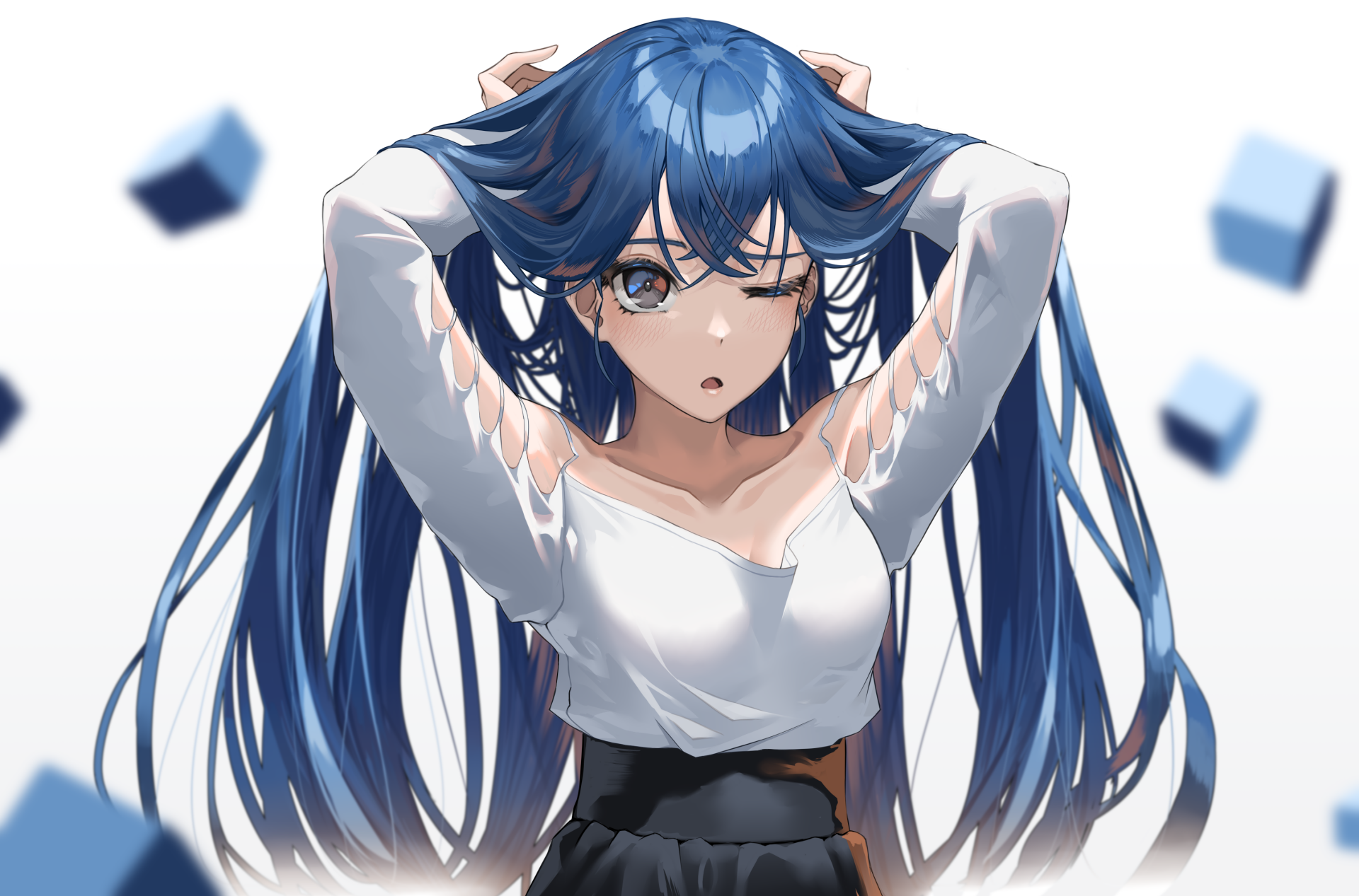 HD anime wallpaper featuring a girl with long blue hair and glasses, adjusting her hair against a white background with floating blue cubes.