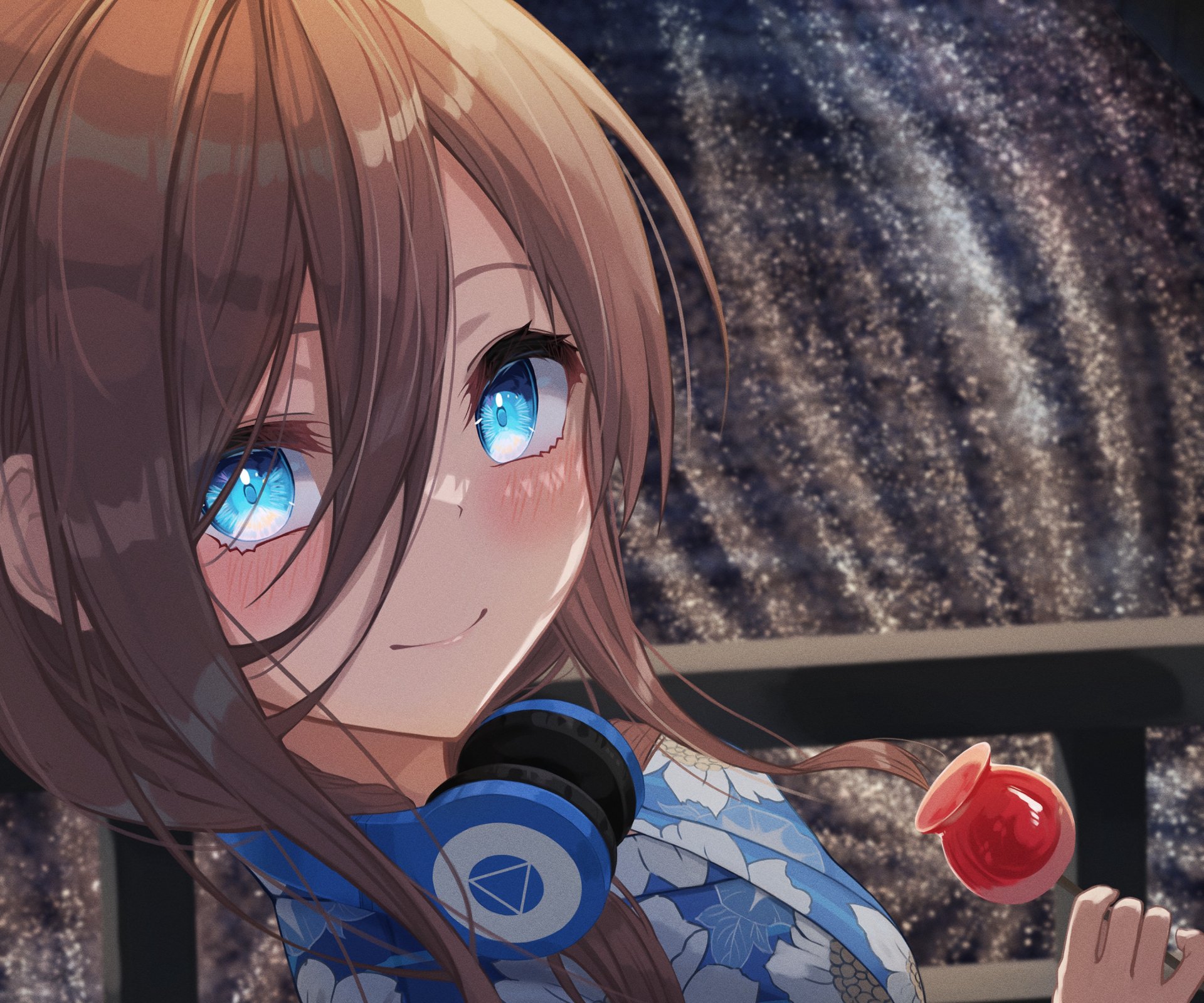 HD anime desktop wallpaper featuring Miku Nakano from The Quintessential Quintuplets, showcasing her blue eyes, headphones, and a cherry in a detailed close-up.