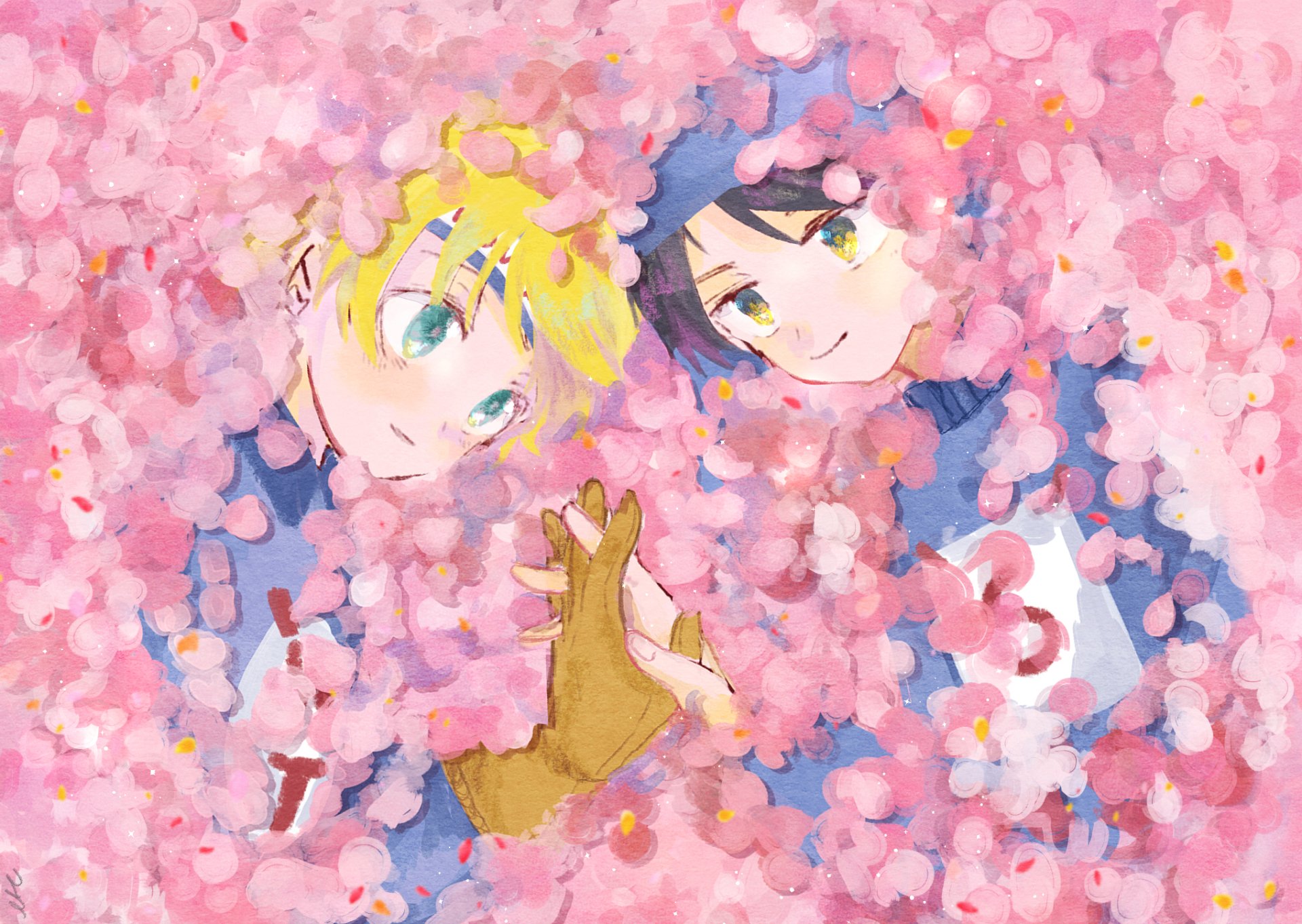 HD desktop wallpaper featuring South Park characters Tweek Tweak and Craig Tucker surrounded by pink cherry blossom petals, showcasing vibrant anime-style art.
