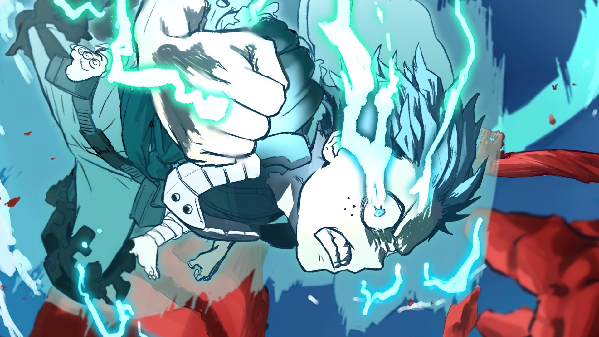 4K Ultra HD anime wallpaper featuring Izuku Midoriya from My Hero Academia, depicted with intense energy and glowing blue lightning effects.