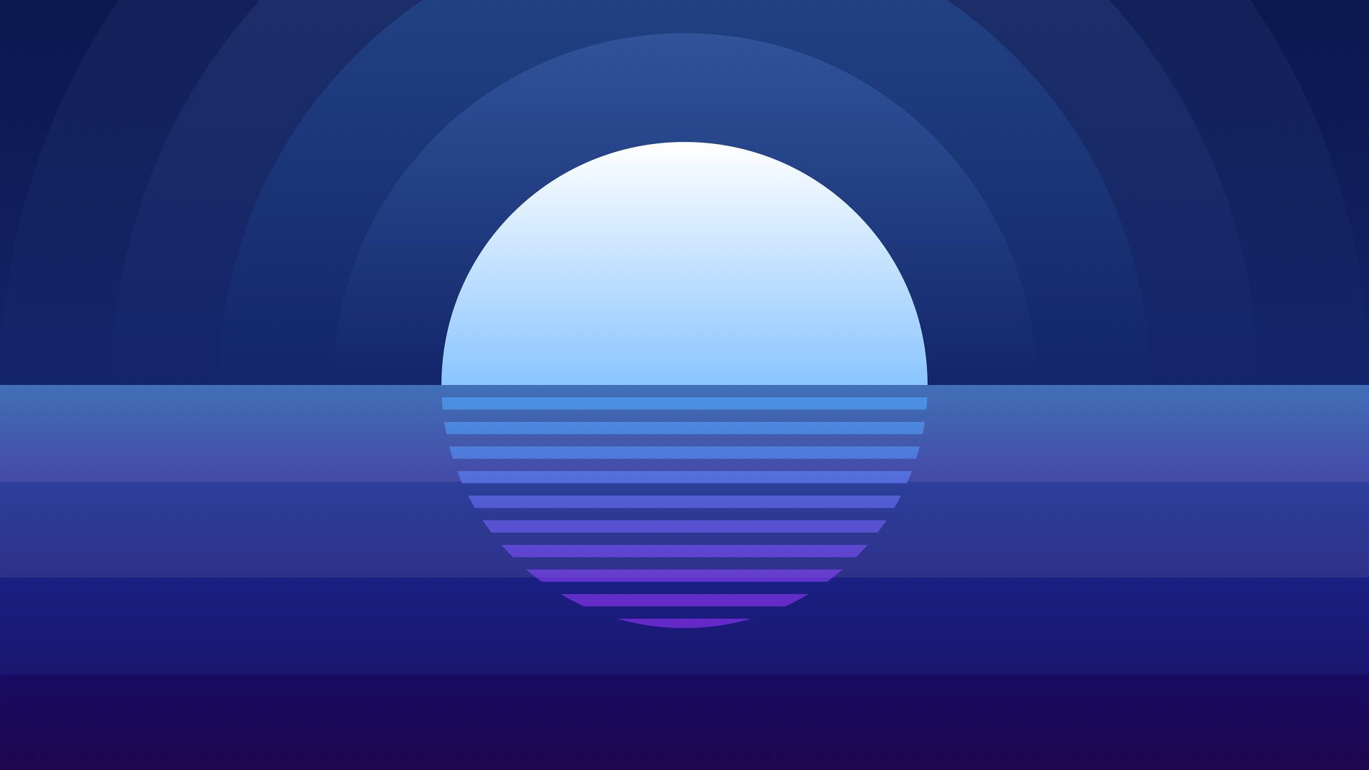 Artistic blue design featuring a stylized white sun setting over a calm sea with layered gradients, rendered in 4K Ultra HD for PC desktop wallpaper and background.