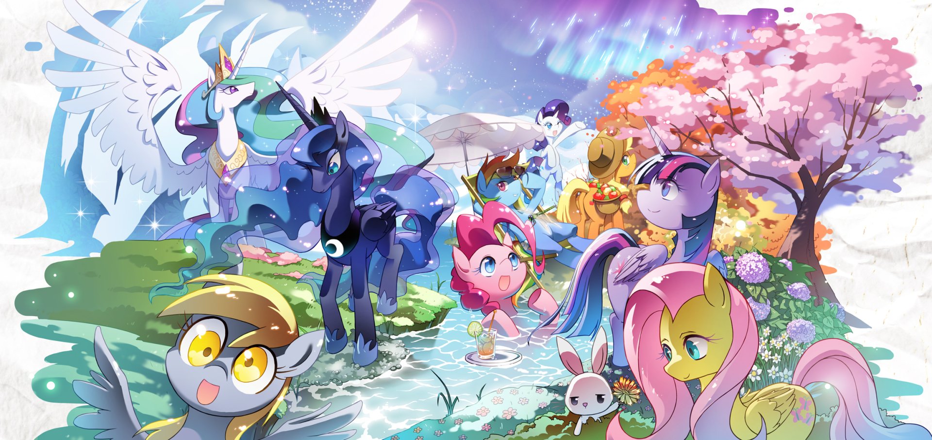 HD desktop wallpaper featuring main characters from My Little Pony: Friendship Is Magic, including Applejack, Twilight Sparkle, Rainbow Dash, Princess Celestia, Princess Luna, and Angel Bunny.