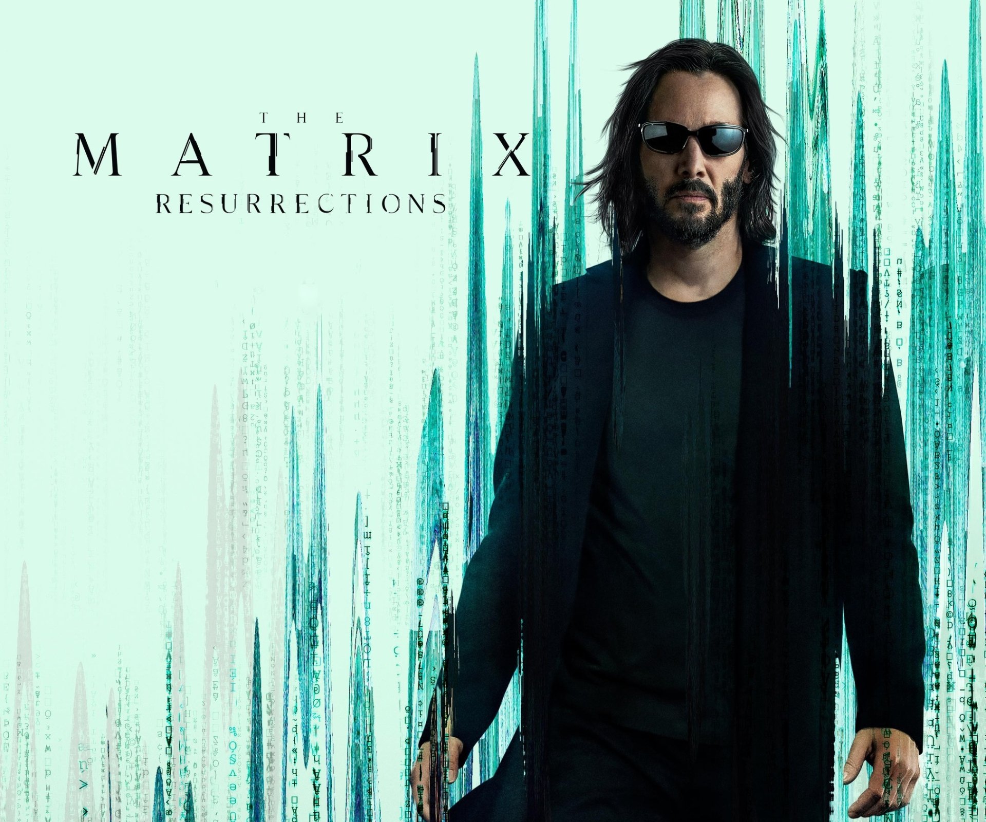 HD PC desktop wallpaper featuring Keanu Reeves as Neo from the movie The Matrix Resurrections, with a futuristic glitch effect background.