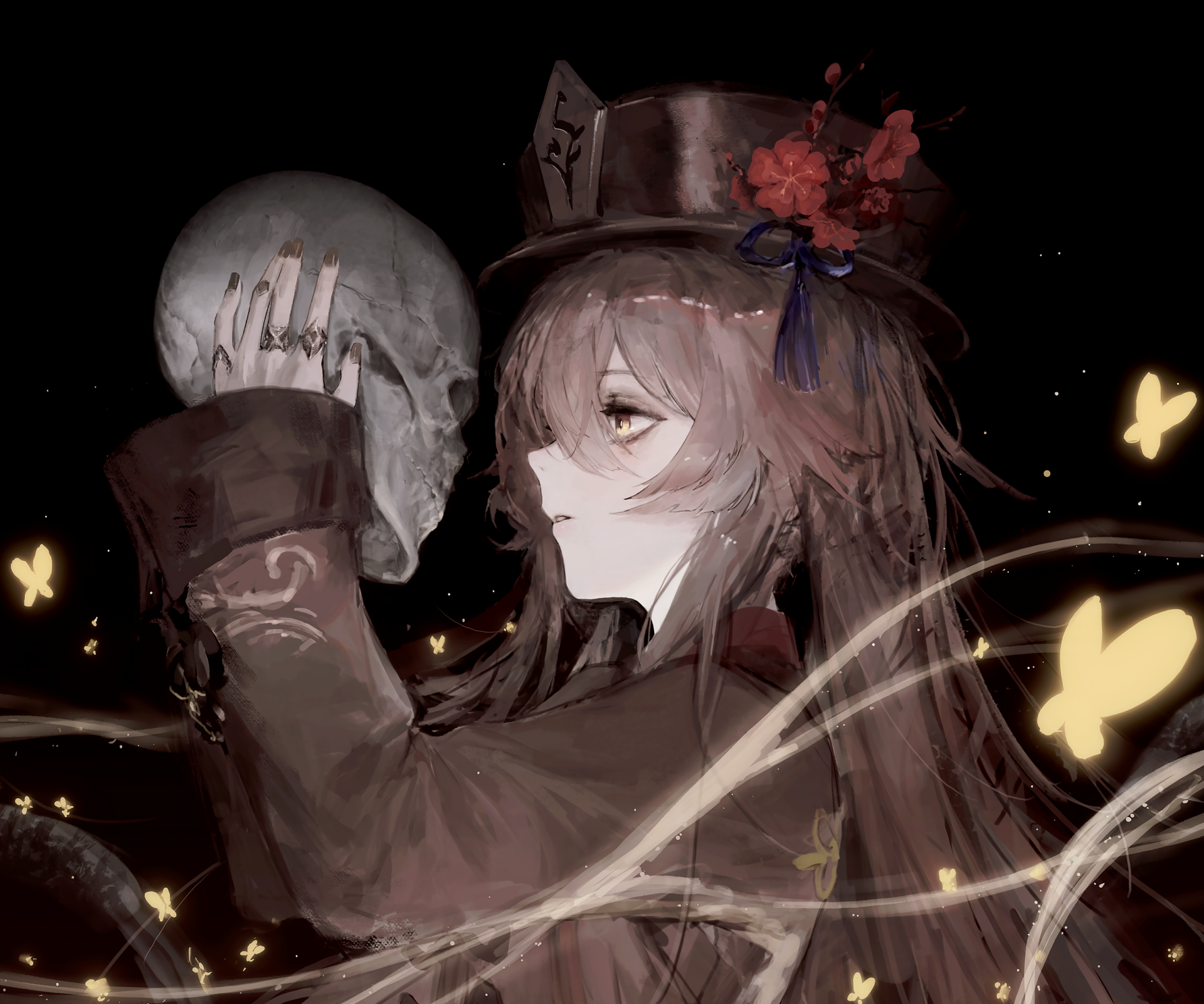 HD PC desktop wallpaper featuring Hu Tao from the video game Genshin Impact, holding a skull with glowing butterflies around her in a dark, ethereal setting.