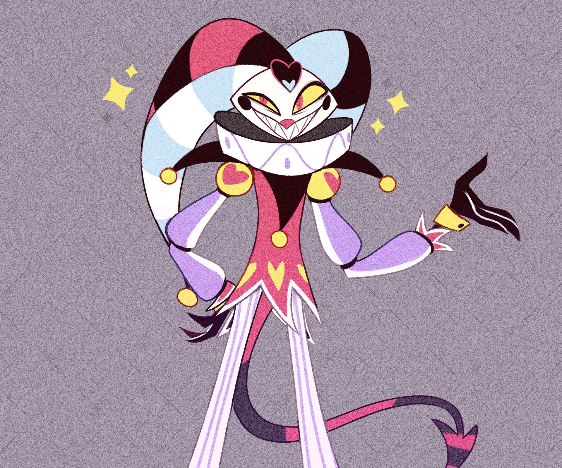 HD desktop wallpaper featuring Fizzarolli from the TV show Helluva Boss, showcasing the character's colorful jester design against a textured background.