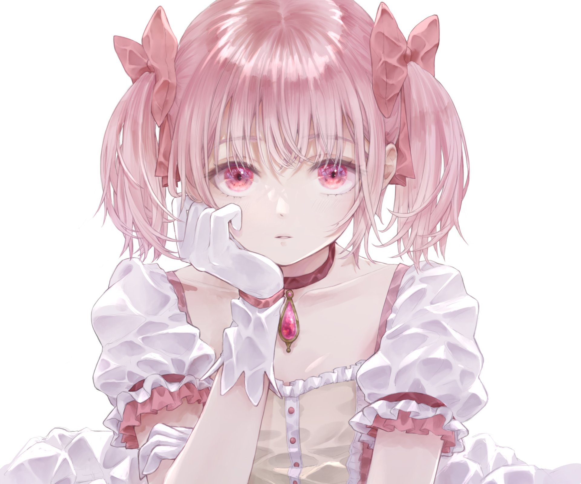 Madoka Kaname (Puella Magi Madoka Magica) — pink twin-tailed magical girl in a frilly white-and-pink dress with a gentle expression. 2K Quad HD PC desktop wallpaper.