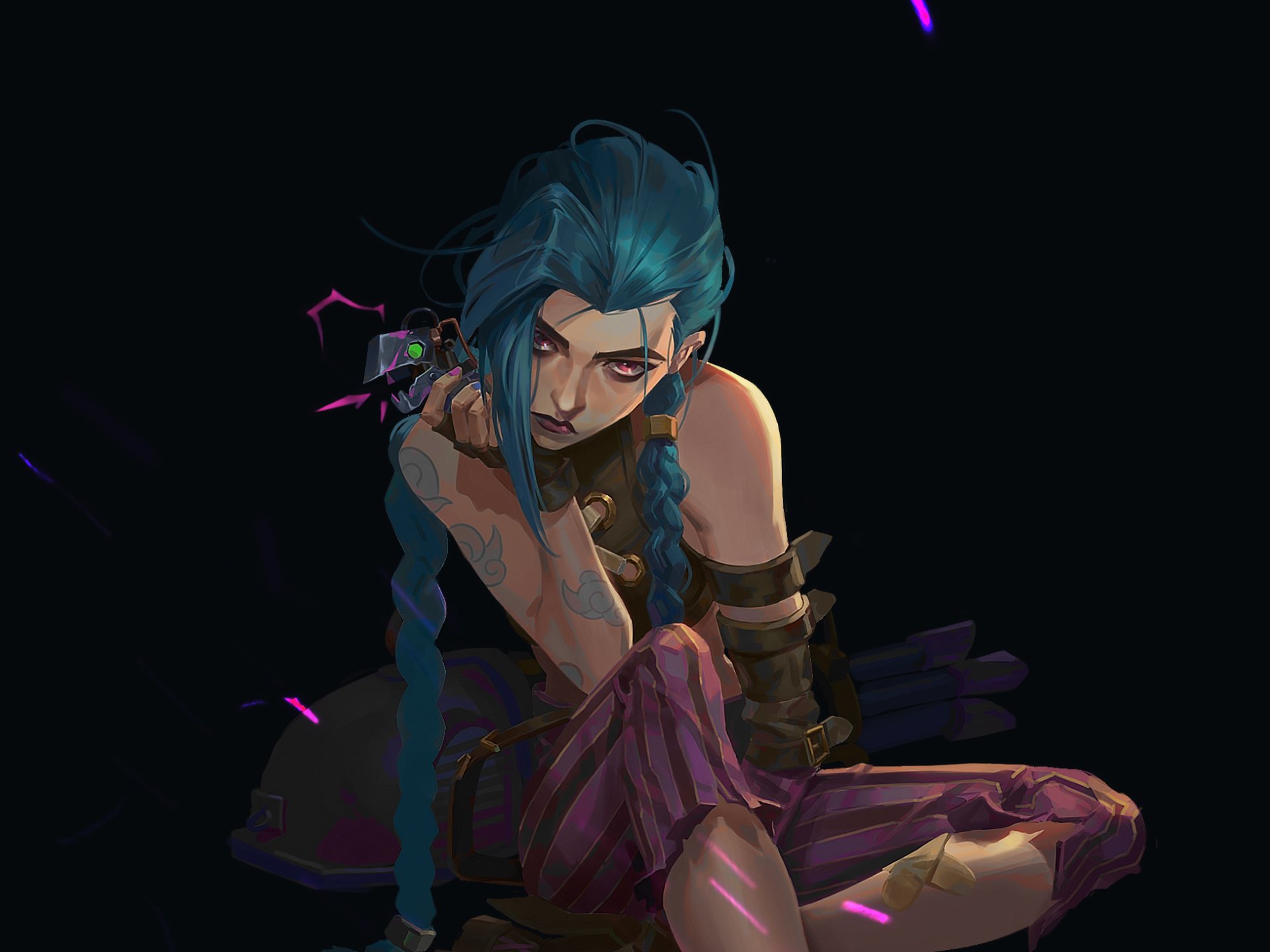 HD desktop wallpaper featuring Jinx from the Arcane TV show, set in the League of Legends universe with a dark, moody background.