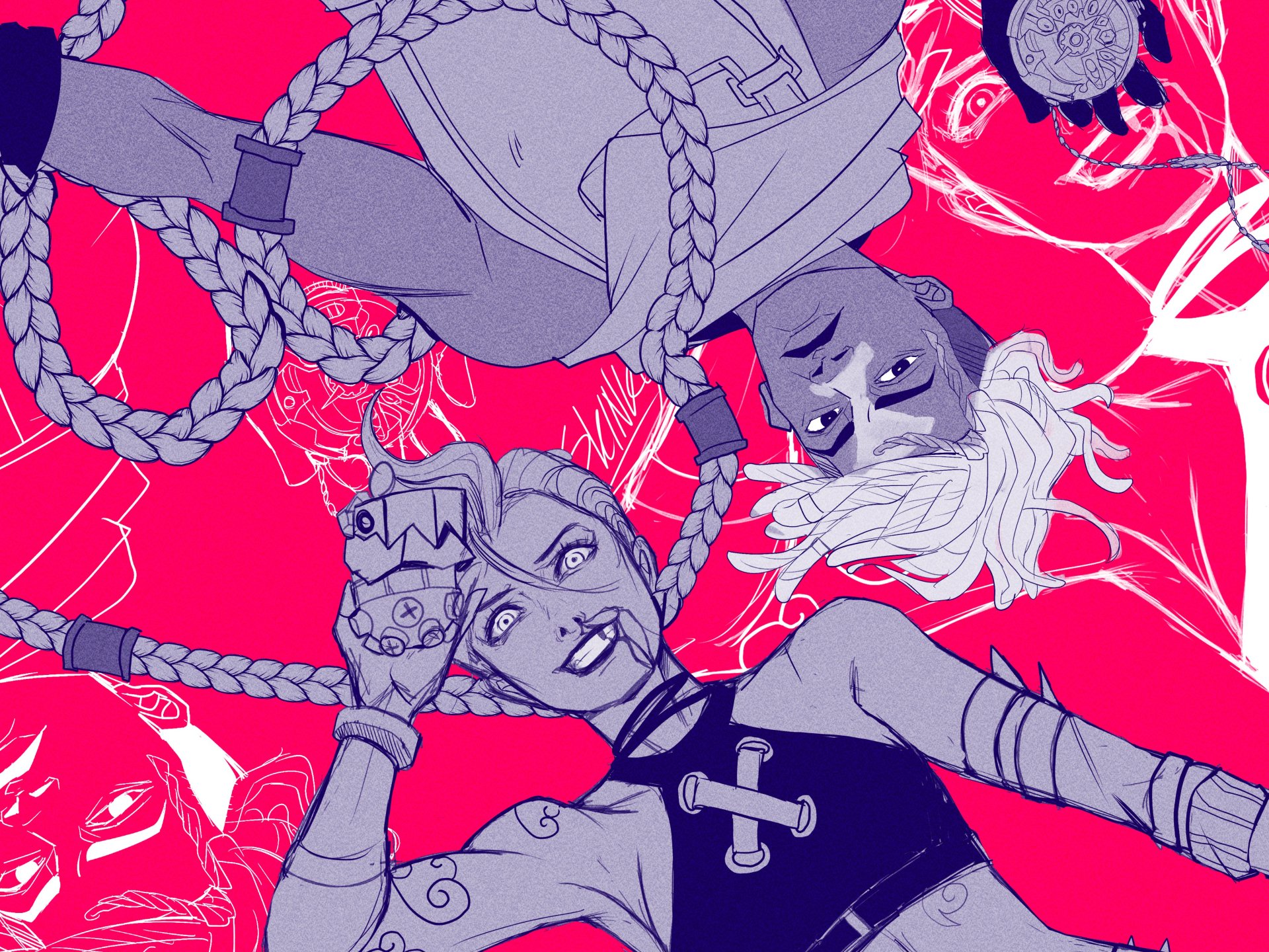 4K Ultra HD wallpaper featuring Ekko and Jinx from the Arcane TV show, set against a vibrant red and purple background.