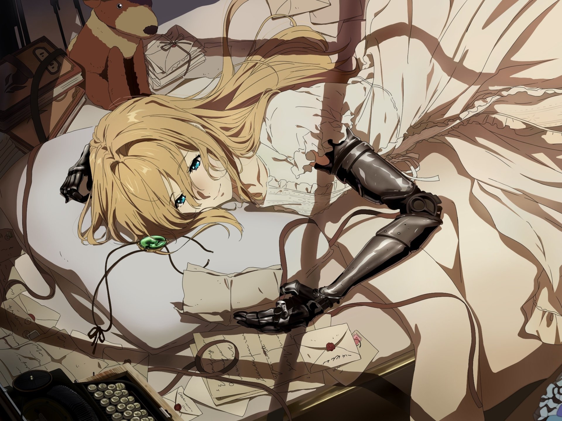 HD PC desktop wallpaper featuring Violet Evergarden, the anime character, lying on a bed with detailed mechanical arms and soft lighting.