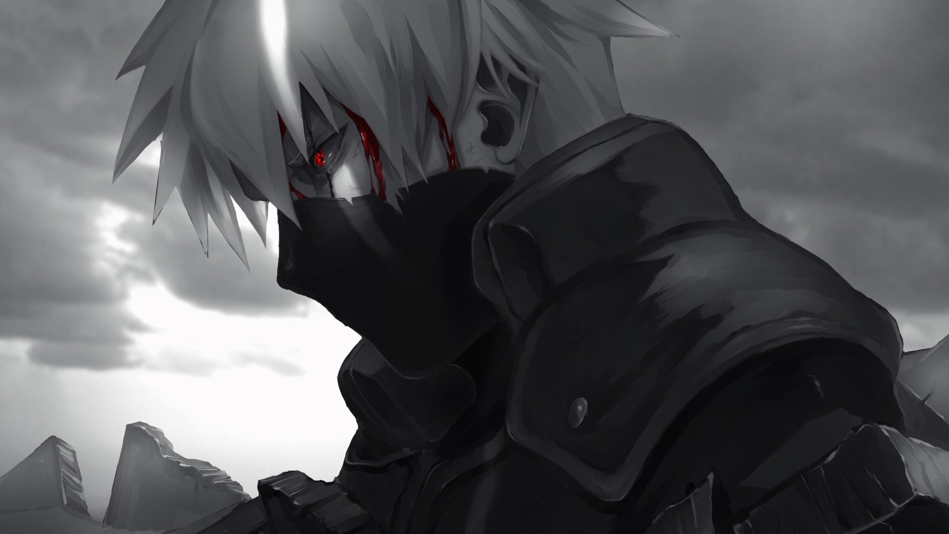 Kakashi Hatake from Naruto in a dark anime style, depicted in dramatic grayscale with glowing red eyes, rendered as a 4K Ultra HD PC desktop wallpaper.