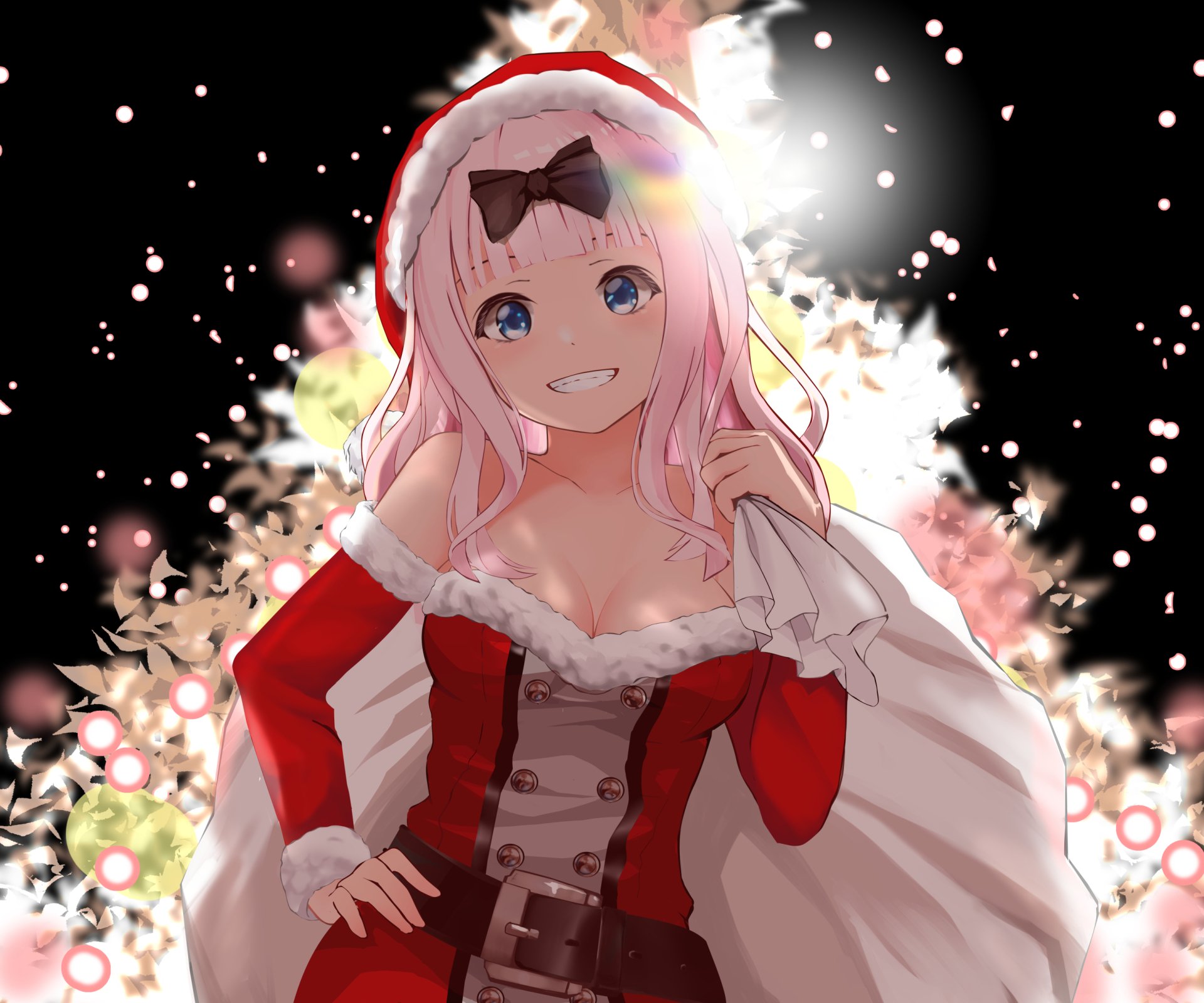 HD anime desktop wallpaper featuring Chika Fujiwara from Kaguya-sama: Love is War, dressed in a festive red and white outfit with a bright, cheerful expression.