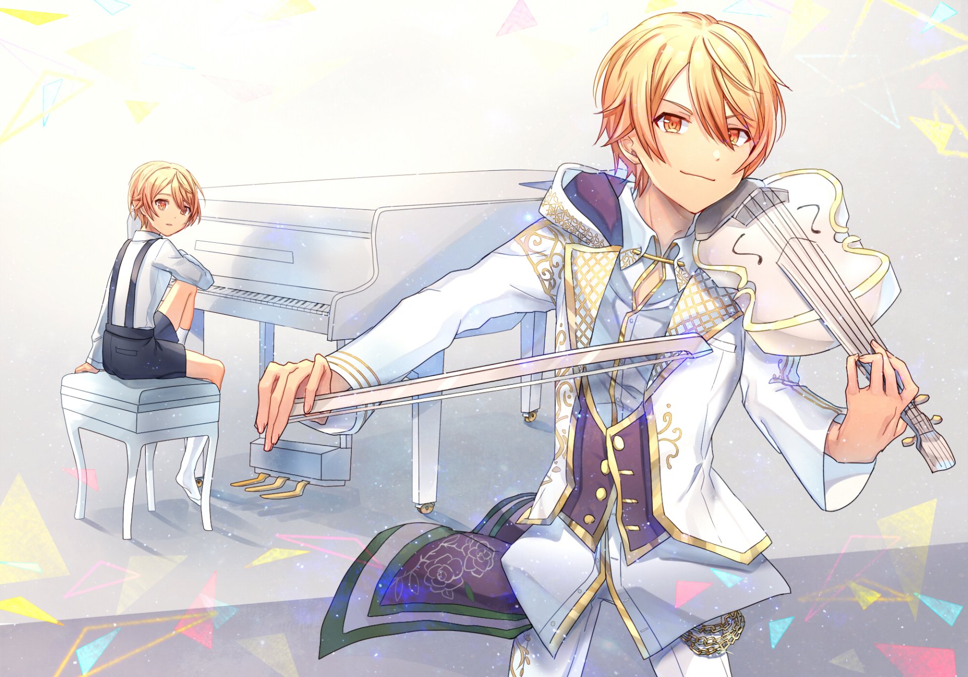 HD PC wallpaper of Tenma Tsukasa from the video game Project Sekai: Colorful Stage! feat. Hatsune Miku — playing violin beside a grand piano with a secondary piano view in soft pastel lighting.