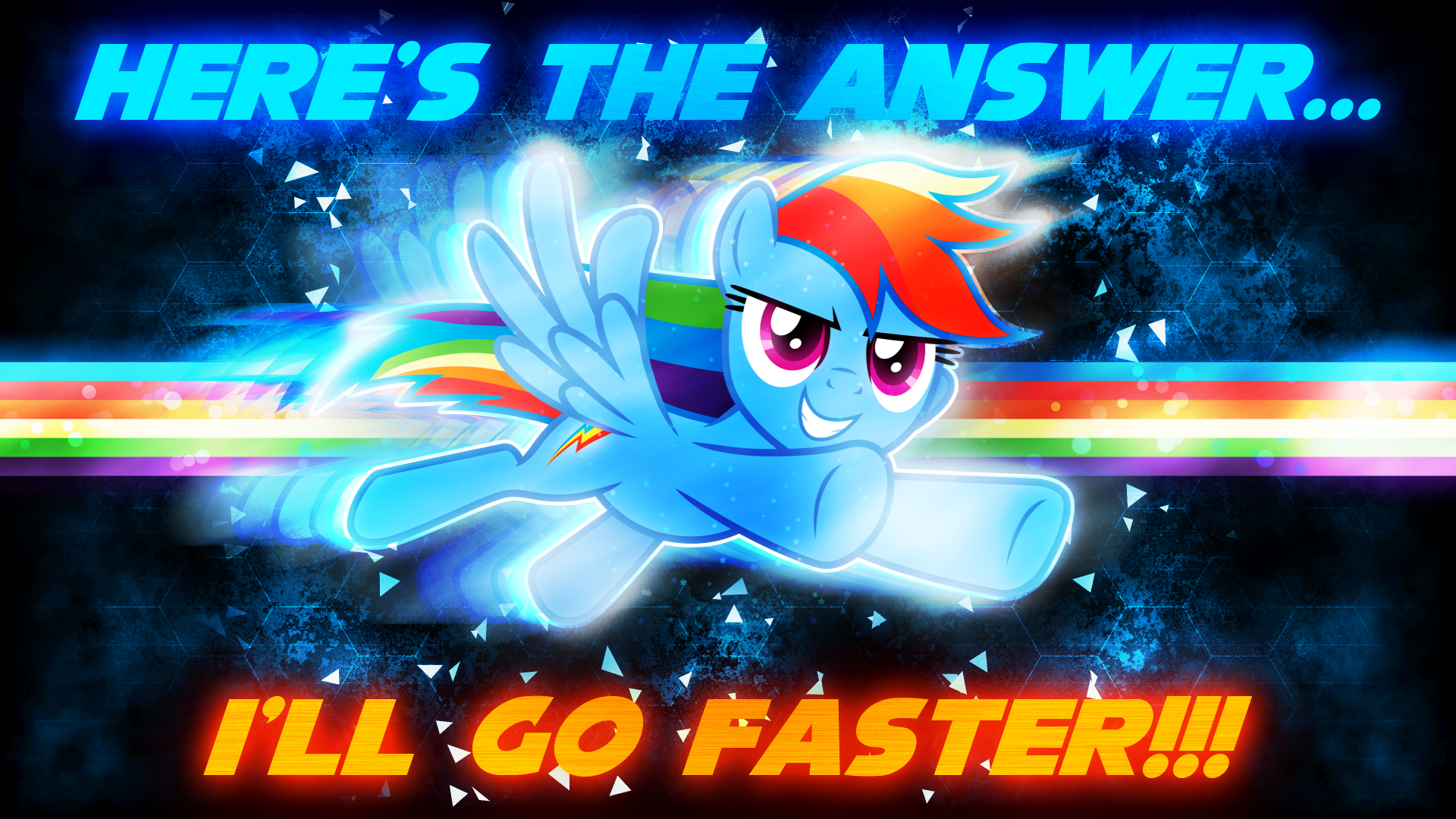 4K Ultra HD desktop wallpaper featuring Rainbow Dash from My Little Pony: Friendship Is Magic, with dynamic text Here's the answer... I'll go faster!!! in vibrant colors.
