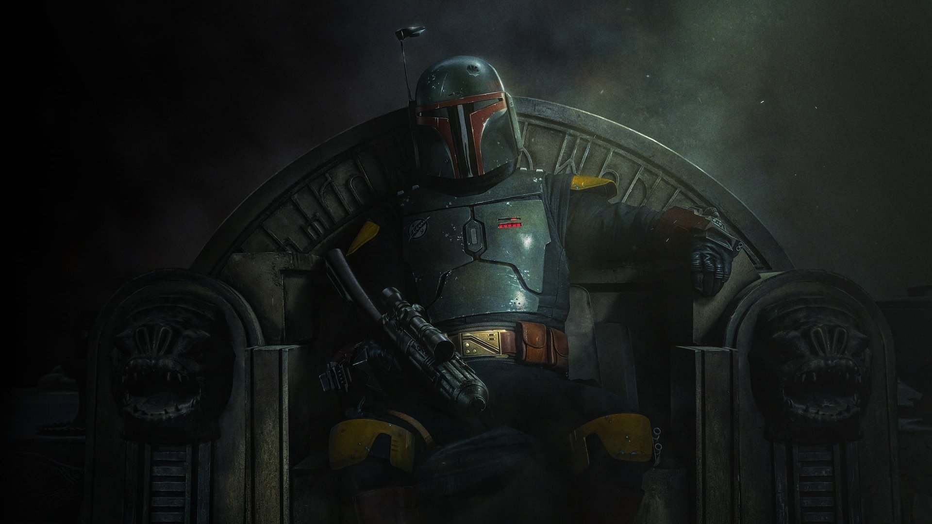 HD desktop wallpaper featuring Boba Fett from the TV show The Book of Boba Fett, sitting on a throne in a dimly lit, atmospheric setting.