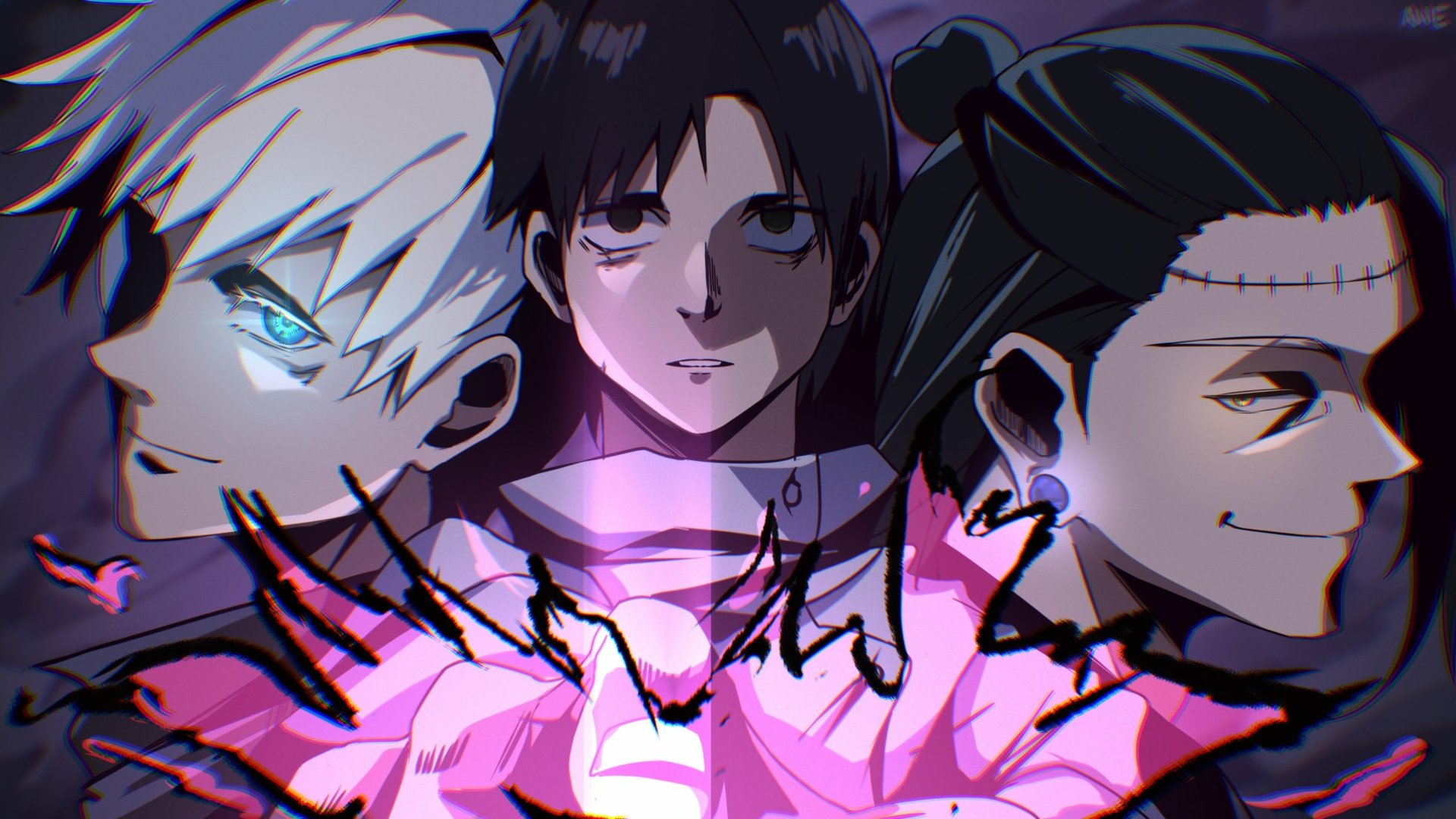 HD PC desktop wallpaper featuring three characters from the anime Jujutsu Kaisen with vibrant colors and dynamic lighting effects.