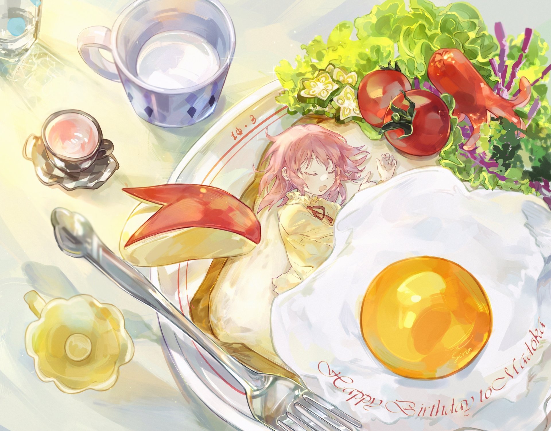 4K Ultra HD PC desktop wallpaper of Madoka Kaname (Puella Magi Madoka Magica) asleep on a plate among breakfast items — fried egg, tomatoes, greens.