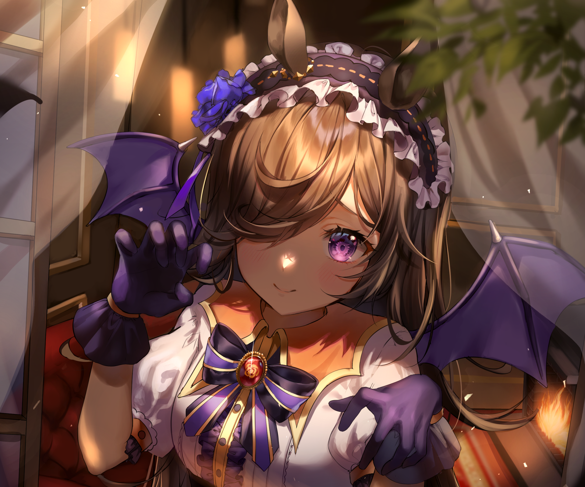 HD PC desktop wallpaper of Rice Shower from Uma Musume: Pretty Derby — anime girl winking with purple eyes, bat-like wings, maid headpiece and ribbon, warm glowing lighting.