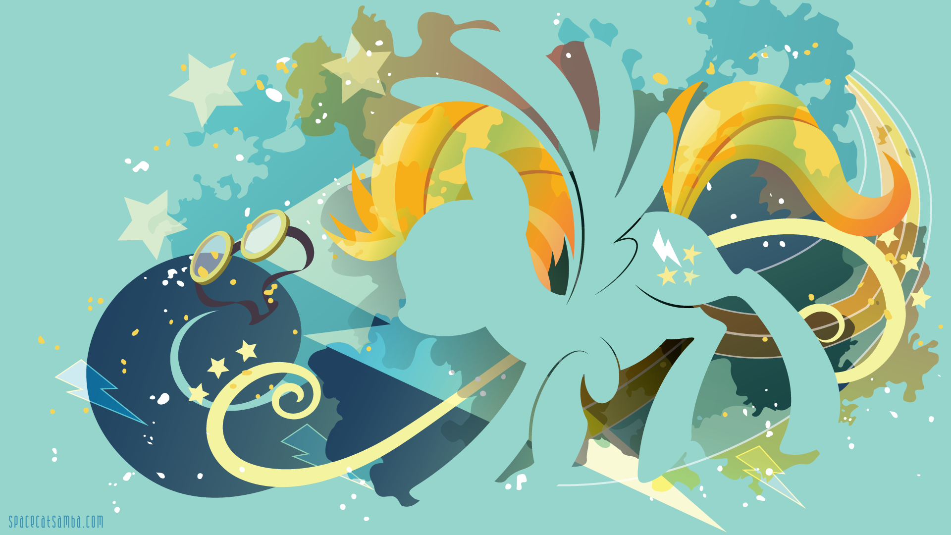 Minimalist 4K Ultra HD desktop wallpaper of Lightning Dust from the TV show My Little Pony: Friendship Is Magic, teal silhouette against starry, swirled yellow and turquoise background.