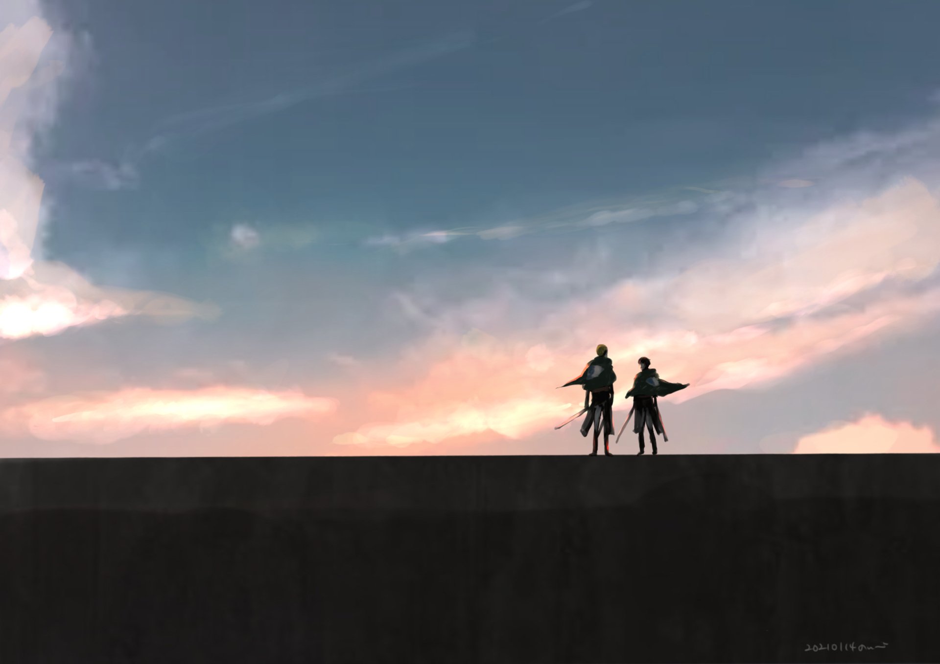 HD anime wallpaper featuring silhouettes of Erwin Smith and Levi Ackerman from Attack on Titan against a dramatic sky at sunset.