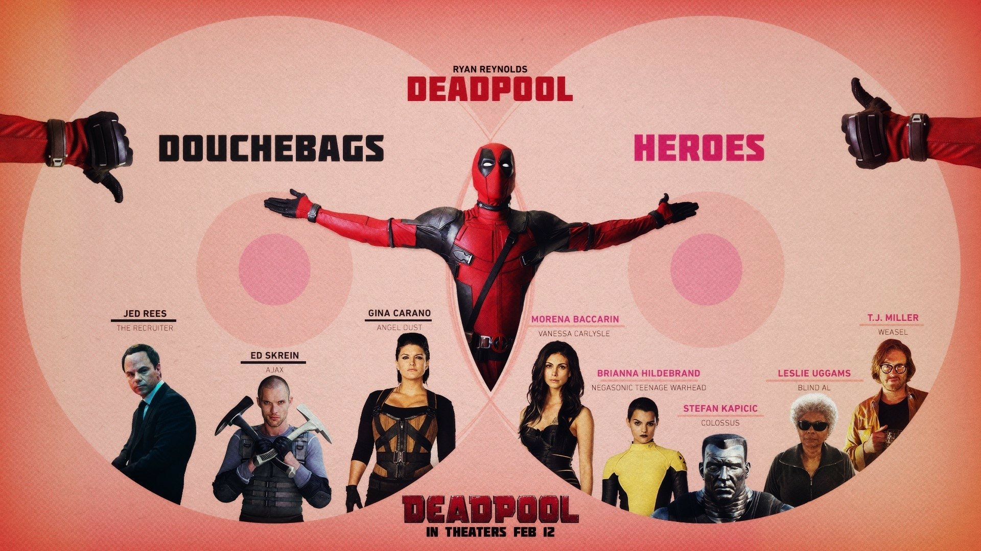HD PC desktop wallpaper featuring Deadpool with a heart-shaped background, surrounded by characters from the Deadpool movie, labeled as Douchebags and Heroes.