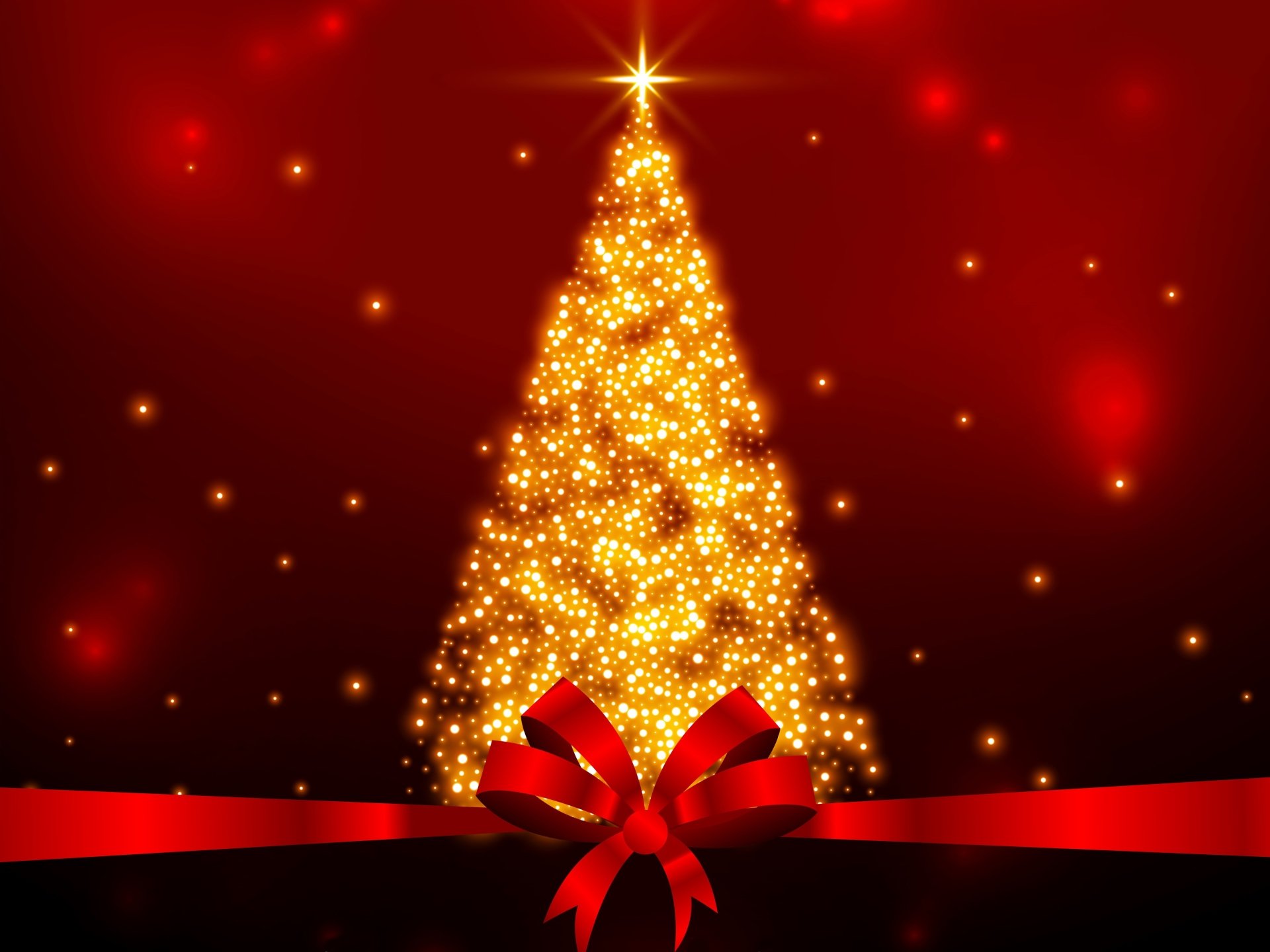 A glowing Christmas tree with golden lights and a red ribbon in front, set against a festive red background, presented as a 4K Ultra HD PC desktop wallpaper.