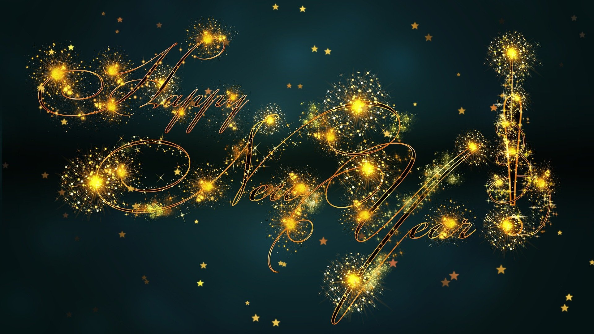 HD PC desktop wallpaper: glittering golden Happy New Year! script with twinkling stars on a dark teal background, festive holiday New Year design.
