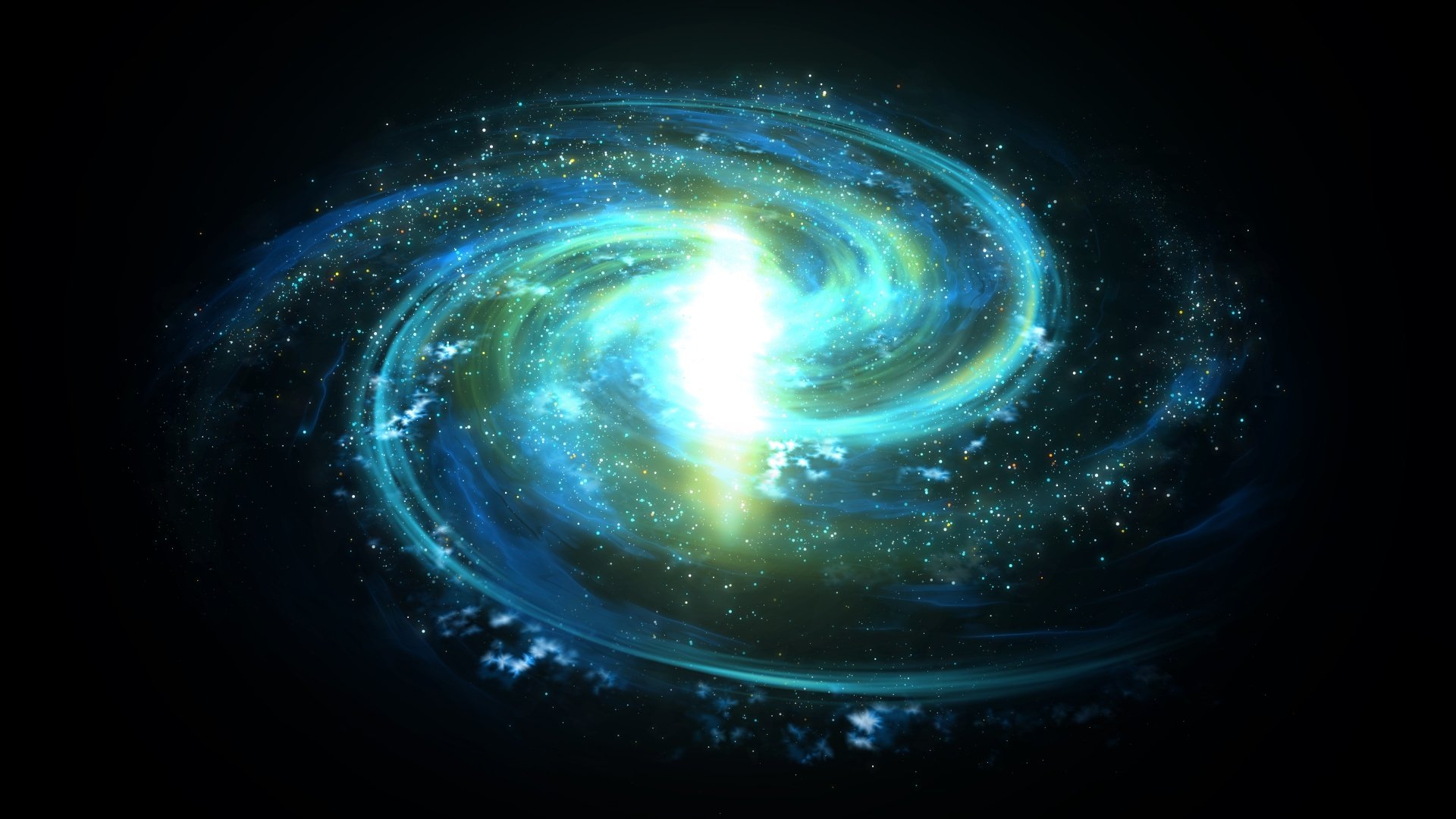 A vibrant, glowing spiral galaxy with bright core and swirling arms, rendered in vivid blue and green hues, designed as a 4K Ultra HD sci-fi desktop wallpaper.
