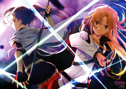 Asuna Yuuki and Mito from Sword Art Online ready for battle in a vibrant 8K Ultra HD anime wallpaper, showcasing dynamic lighting and detailed character design.