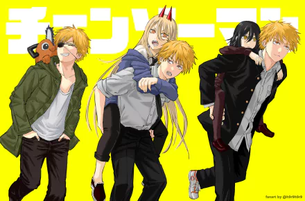 HD PC desktop wallpaper featuring Pochita, Power, Nayuta, and Denji from the anime Chainsaw Man against a vibrant yellow background.