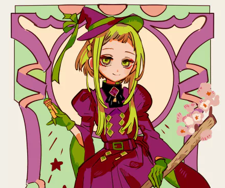 HD anime desktop wallpaper featuring Sakura Nanamine from Toilet-bound Hanako-kun, dressed in detailed purple and green attire with a floral and magical theme.