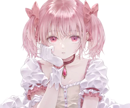 Madoka Kaname (Puella Magi Madoka Magica) — pink twin-tailed magical girl in a frilly white-and-pink dress with a gentle expression. 2K Quad HD PC desktop wallpaper.