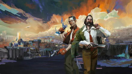 4K Ultra HD PC desktop wallpaper featuring stylized characters from the video game Disco Elysium against an abstract, colorful urban backdrop.