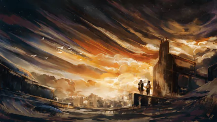4K Ultra HD PC desktop wallpaper featuring a dramatic, moody skyline with two figures overlooking a cityscape from the video game Disco Elysium.