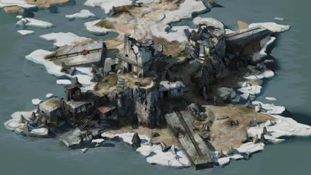 Disco Elysium video game 4K Ultra HD PC desktop wallpaper: a painterly snowy coastal fortress on rocky islets, muted colors and a moody, desolate atmosphere.