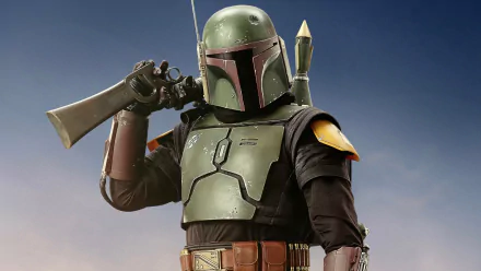 HD PC desktop wallpaper featuring Boba Fett from the TV show The Book of Boba Fett, showcasing his iconic armor and weapon against a clear sky background.