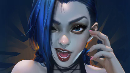 Close-up 4K Ultra HD wallpaper of Jinx from the Arcane TV show, featuring her expressive face and signature blue hair from League of Legends.