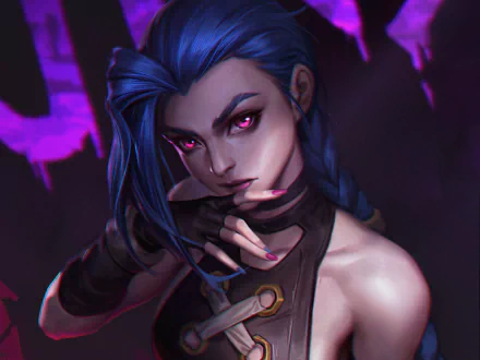 HD PC wallpaper featuring Jinx from the TV show Arcane, inspired by League of Legends, with a dark, intense purple-themed background.