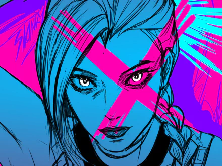 HD desktop wallpaper featuring a dynamic, stylized close-up of Jinx from the TV show Arcane, inspired by League of Legends, with vivid blue and pink graphic elements.
