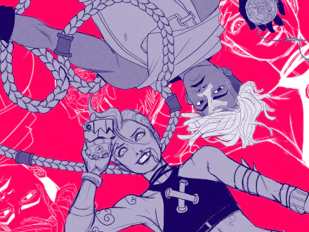 4K Ultra HD wallpaper featuring Ekko and Jinx from the Arcane TV show, set against a vibrant red and purple background.